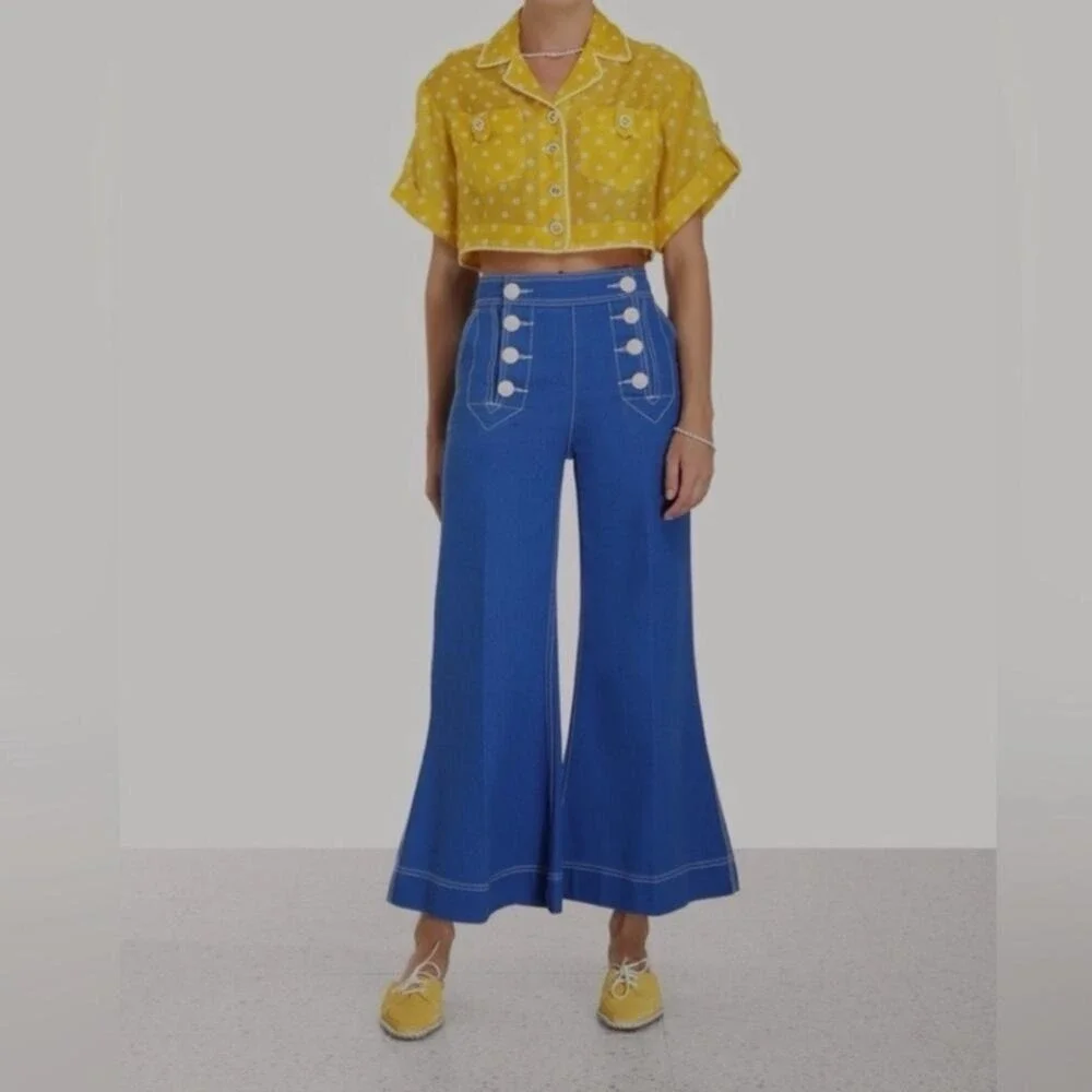 New! Zimmermann Jeans Sailor Pants Regatta Blue Denim Tide Cropped Flare 26
